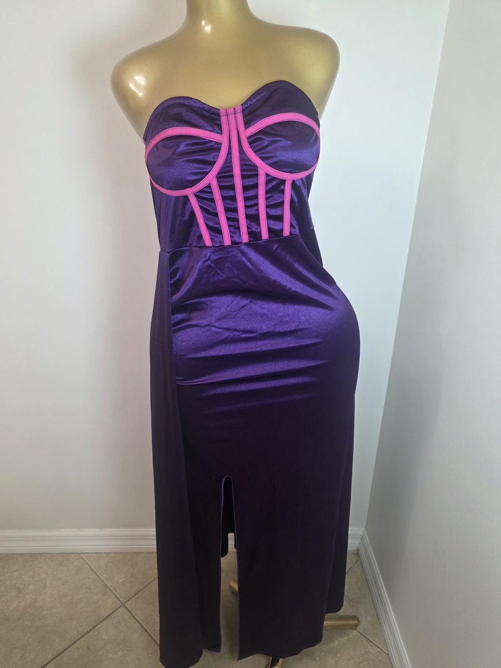 Strapless Satin Bustier Dress in Purple with Pink Trim